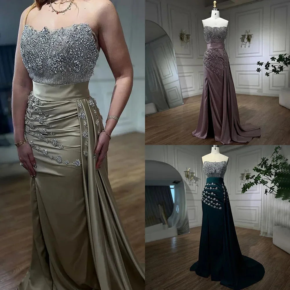 Customized Nude Strapless Mermaid Evening Dress With Beaded High Split Gown