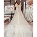 Boho A Line Tulle Sexy Beach Wedding Dress Illusion Appliques Open Back Gown