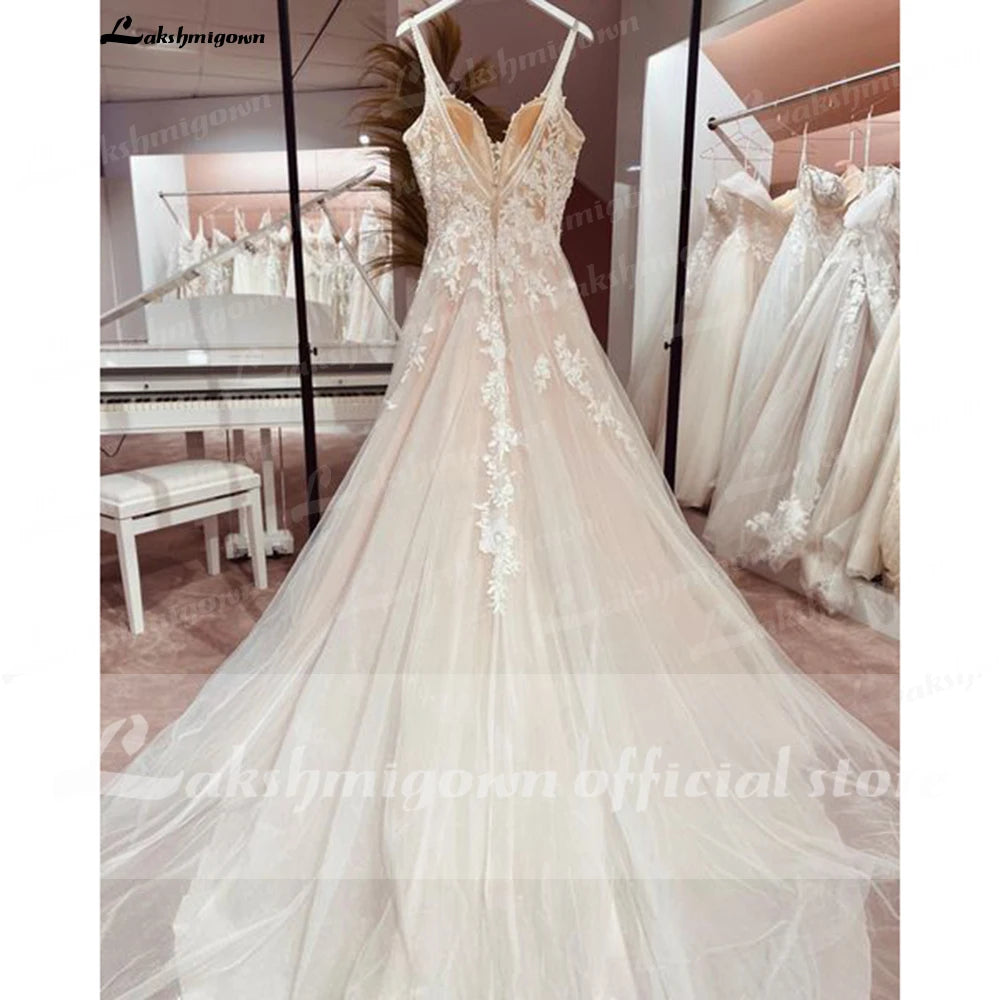 Boho A Line Tulle Sexy Beach Wedding Dress Illusion Appliques Open Back Gown
