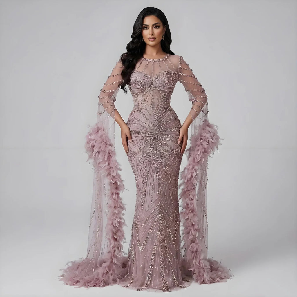 Pink Beaded Mermaid Evening Gown With Feathers Luxury Custom Dress