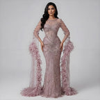 Pink Beaded Mermaid Evening Gown With Feathers Luxury Custom Dress