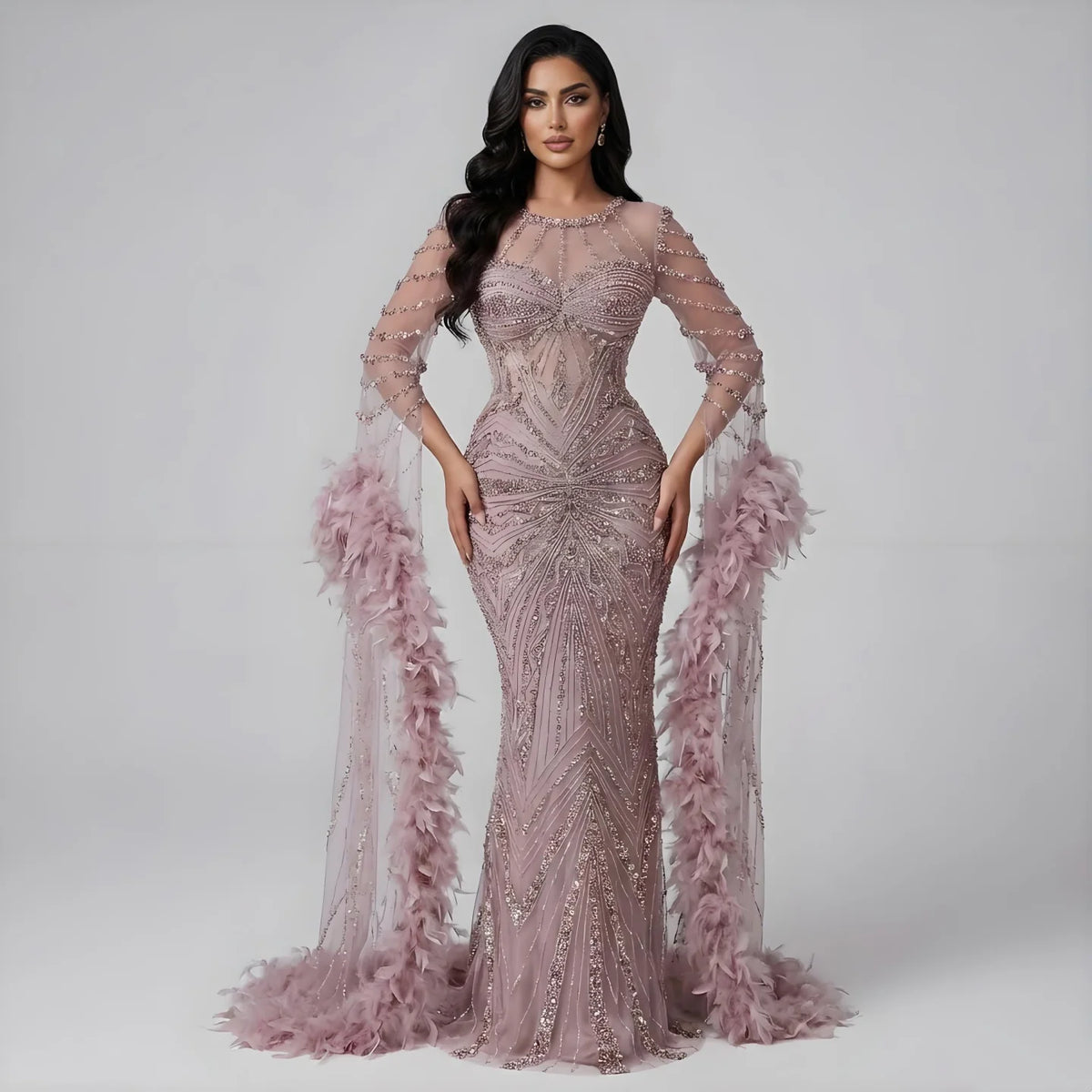 Pink Beaded Mermaid Evening Gown With Feathers Luxury Custom Dress