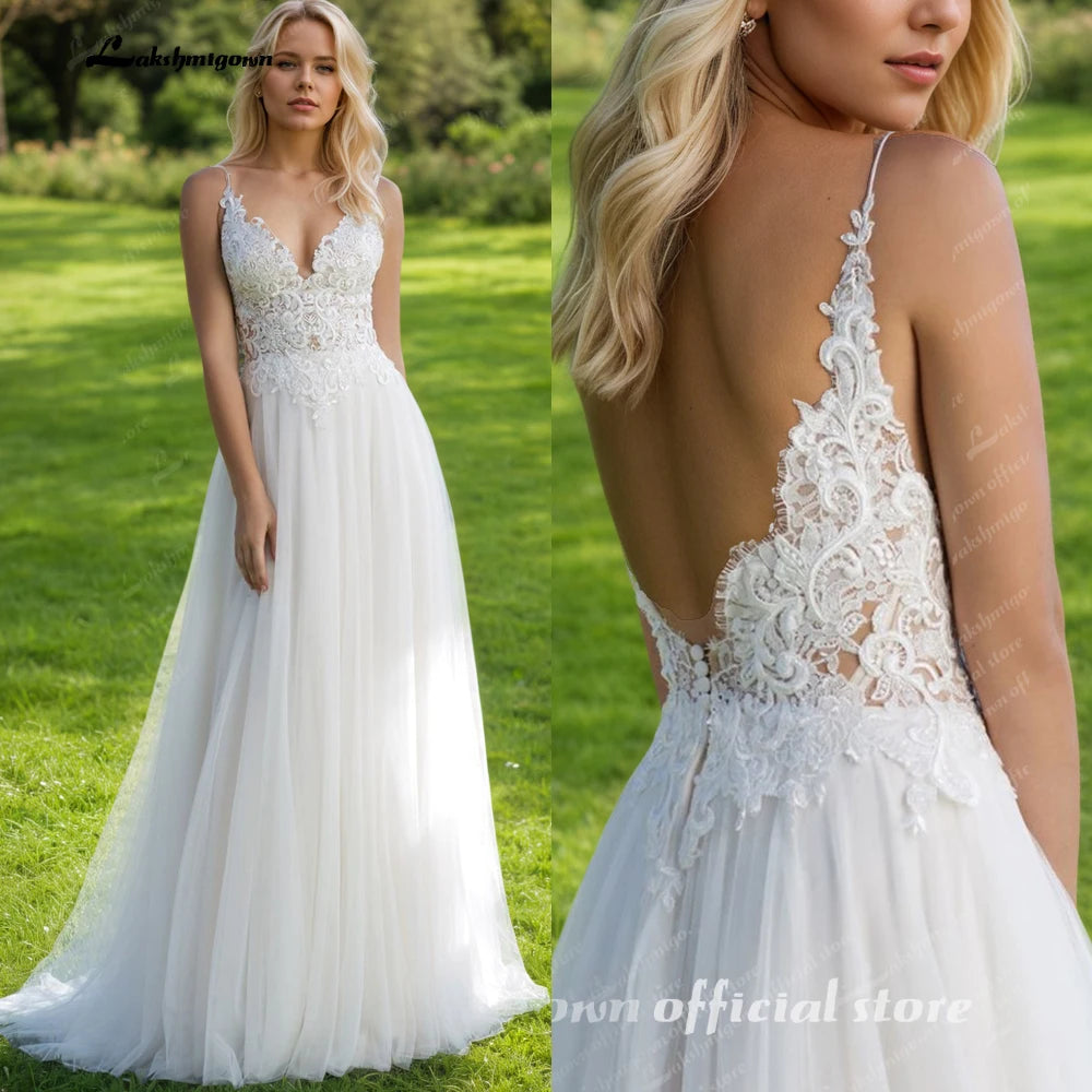 Custom Bohemian Open Back Wedding Dress With Lace Appliques