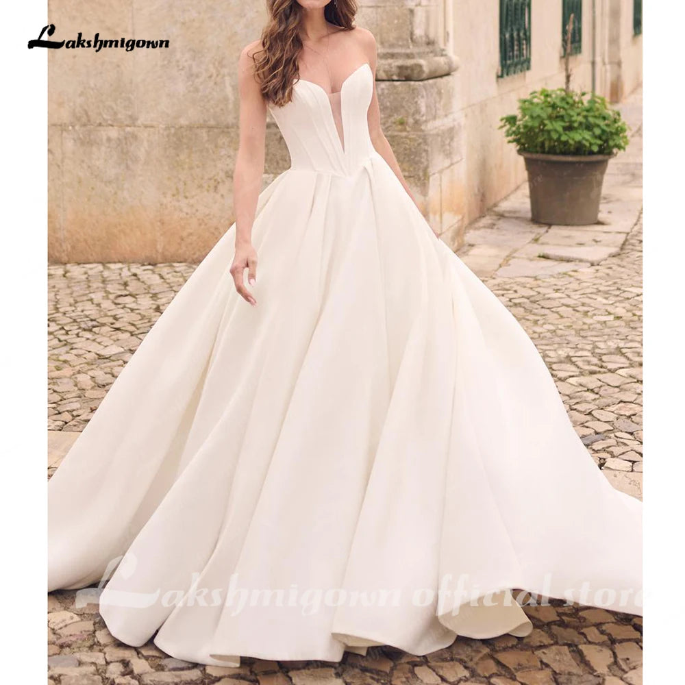 Customized Off Shoulder Crepe Satin A Line Floor Length Wedding Dress