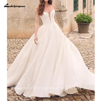 Customized Off Shoulder Crepe Satin A Line Floor Length Wedding Dress