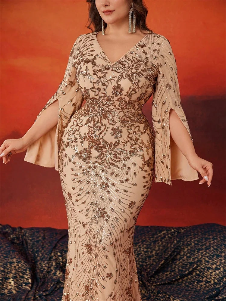 BLUEPLUM Plus Size Luxury Blue Evening Dresses Women 2025 Long Sleeve Mermaid Formal Sequins Prom Wedding Party Cocktail Gowns