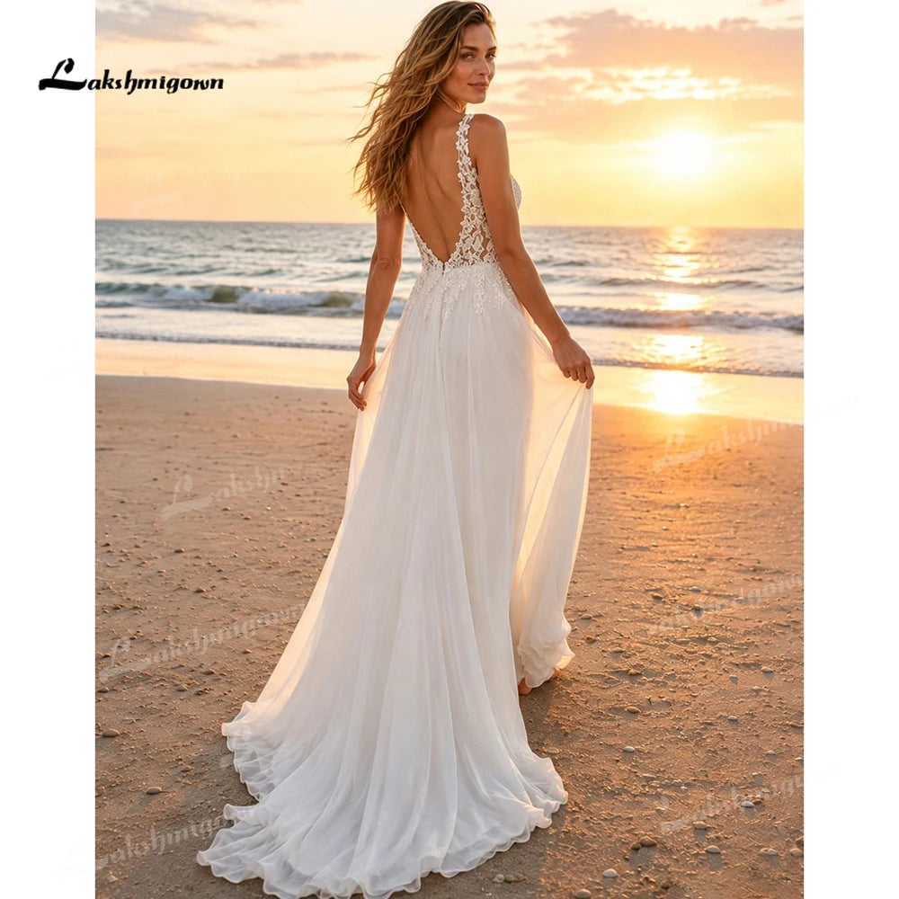 Elegant Chiffon A Line Wedding Dress With Deep V And Low Back
