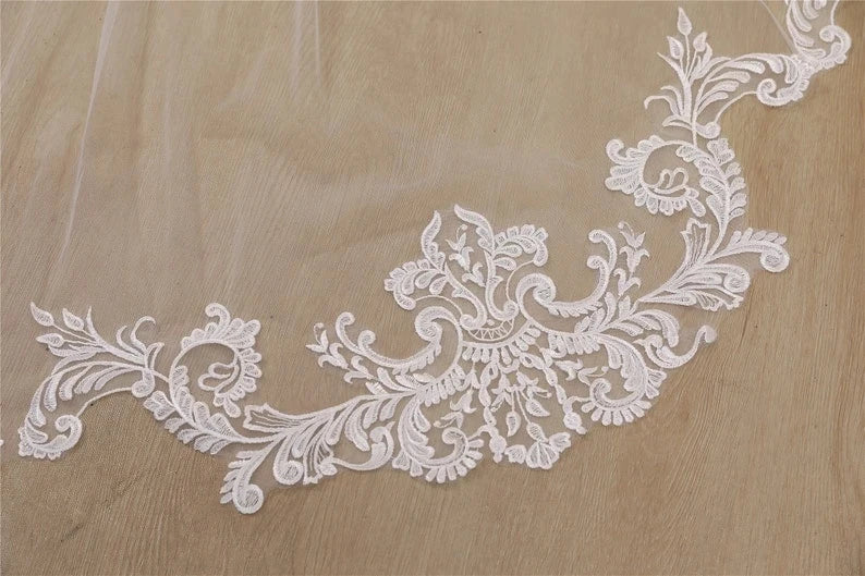 Cathedral Wave Lace Wedding Veil Tulle Ivory Bridal Hair Comb Accessory