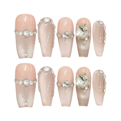 10 uñas postizas hechas a mano, color nude puro, ojo de gato, rosa claro, brillantes, estilo francés, para usar. 