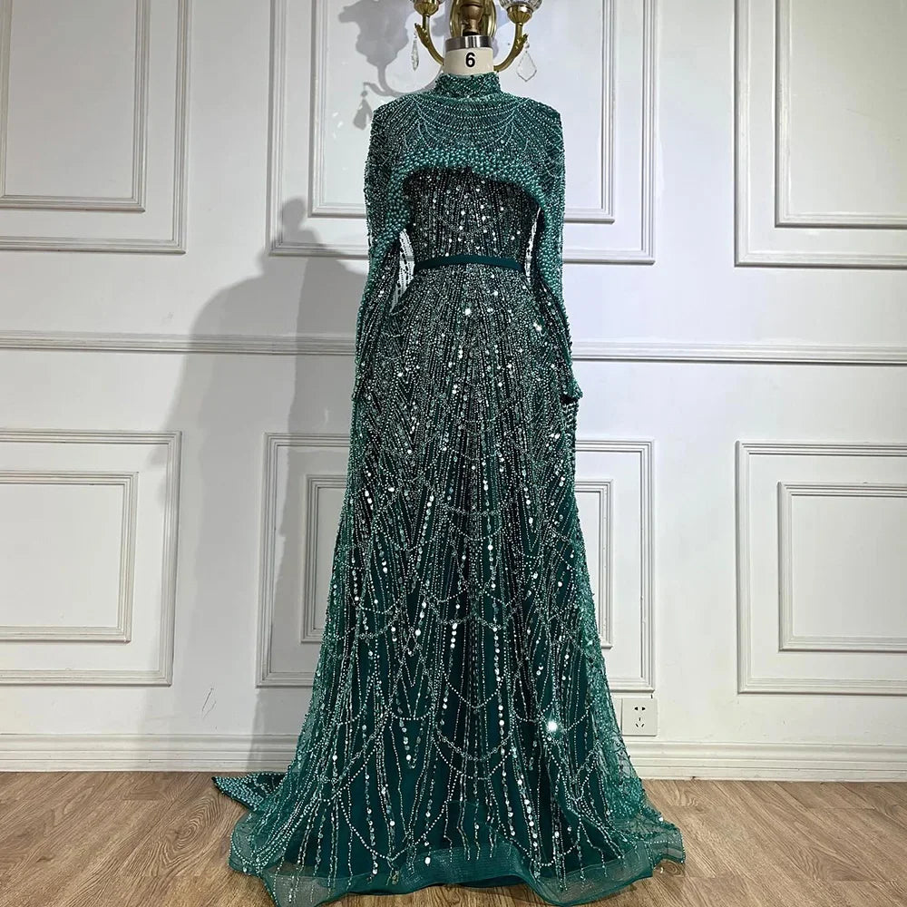 Custom Green Long Sleeve A Line Evening Cape Wedding Party Dress For Women