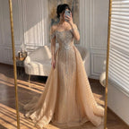 Elegant Green Mermaid Beaded Evening Gown Off Shoulder Party Dress