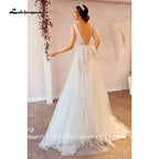 Lakshmigown Vintage Champagne Tulle Beach Wedding Dress Deep V Neck Custom Made