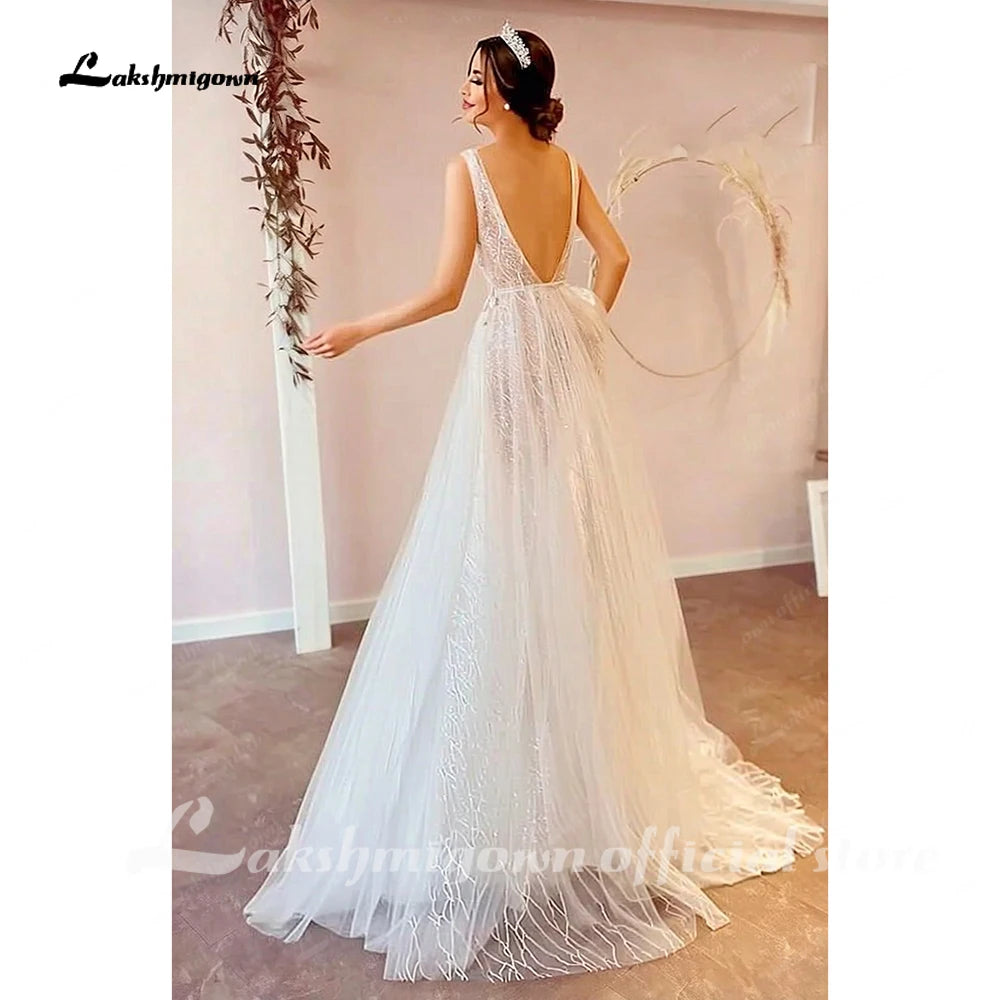Lakshmigown Vintage Champagne Tulle Beach Wedding Dress Deep V Neck Custom Made