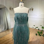 Serene Hill Turquoise Strapless Beaded Mermaid Evening Gown With Gloves