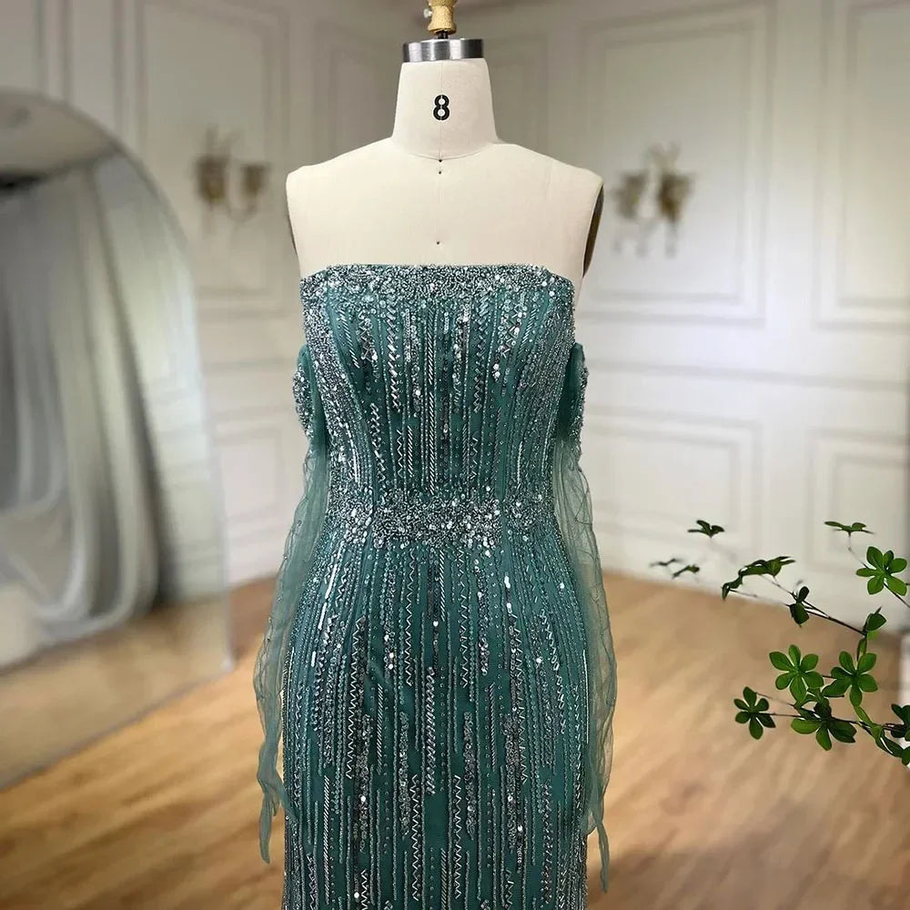 Serene Hill Turquoise Strapless Beaded Mermaid Evening Gown With Gloves
