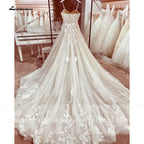 Champagne Lace Spaghetti Straps Wedding Dress Chapel Train Custom Bridal Gown