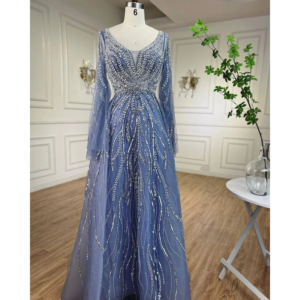 Custom Blue A Line Beaded Formal Evening Dress Arabian Wedding Gown For Women