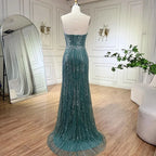 Serene Hill Turquoise Strapless Beaded Mermaid Evening Gown With Gloves