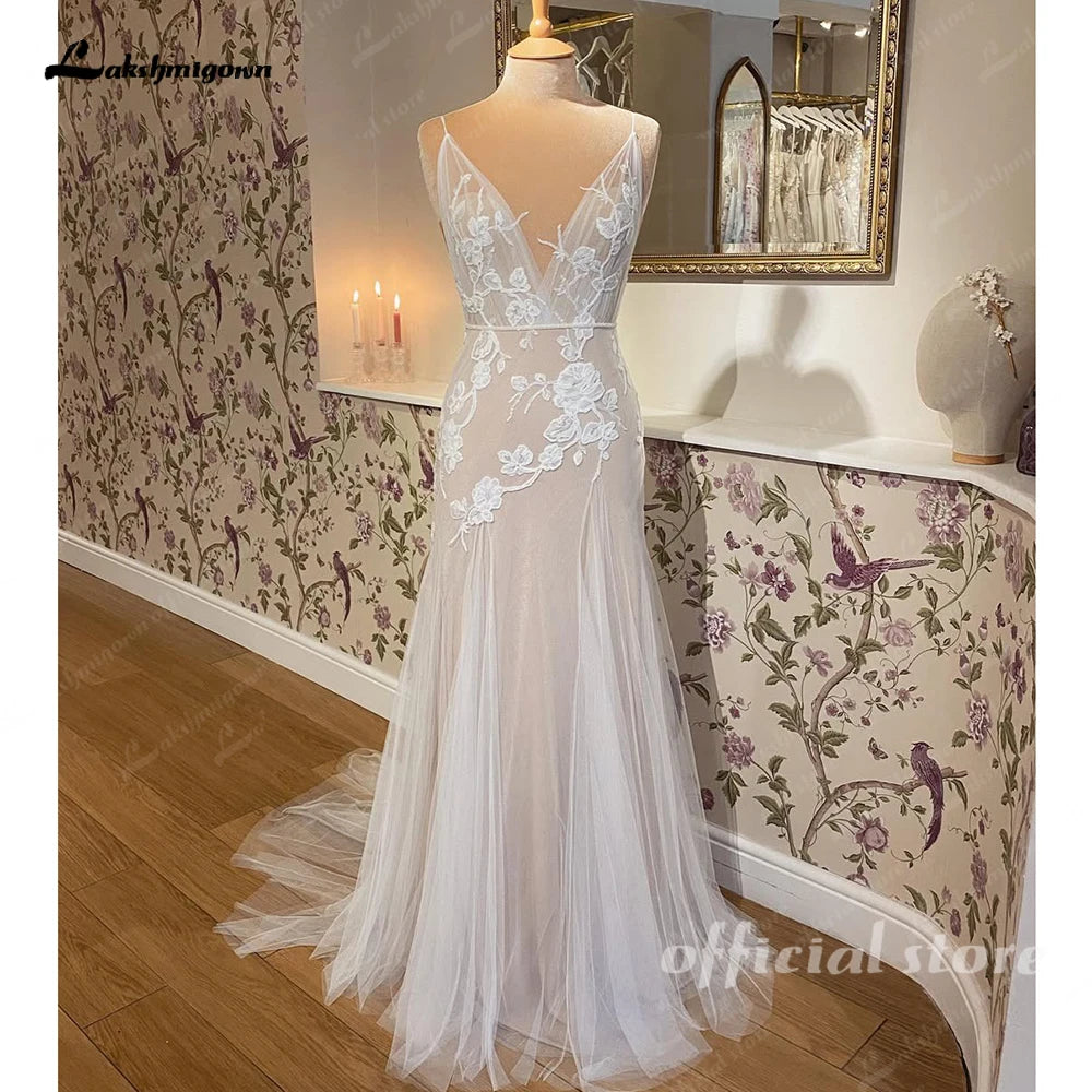 Lakshmigown Customized Champagne Mermaid Boho Beach Wedding Dress Women