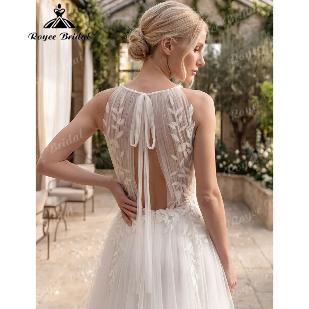 Roycebridal Halter Neck Leaf Lace A Line Wedding Dress With Keyhole Open Back