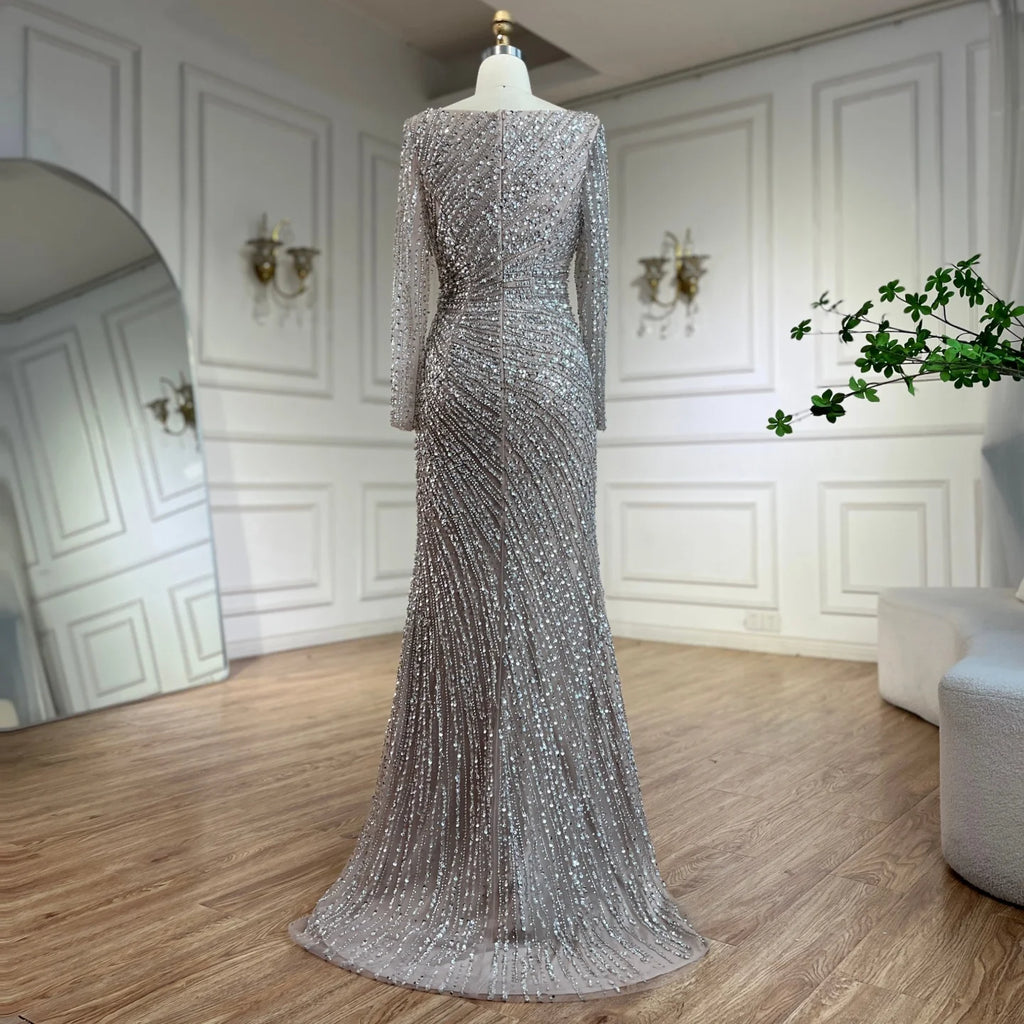 Custom Silver Beaded Mermaid Evening Dress Detachable Skirt Formal Gown Women
