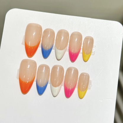 10 uñas postizas francesas con borde blanco, diseño simple de corazón rojo, hechas a mano, de almendra dulce, para niñas. 