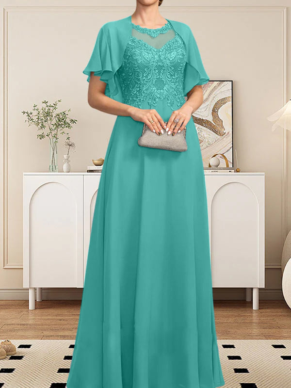 A-Linie, U-Ausschnitt, Illusion, bodenlanges Spitzen-Chiffon-Kleid für die Brautmutter mit Pailletten