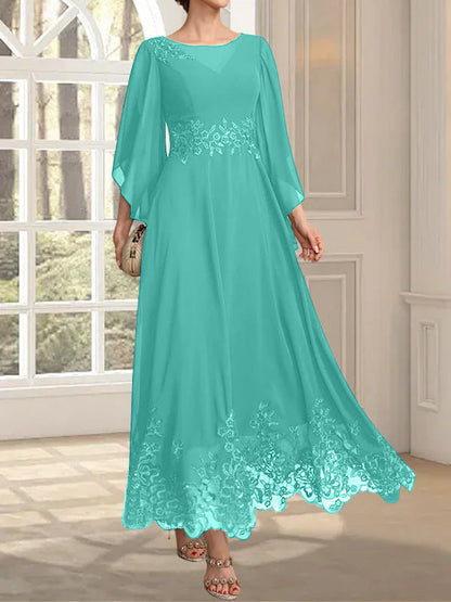 A-Linie, U-Ausschnitt, Illusion, knöchellang, Spitzen-Chiffon, Kleid für die Brautmutter mit Pailletten 