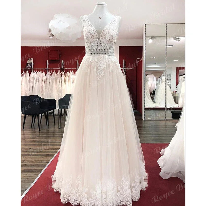 Lakshmigown Boho Champagne Lace V Neck Sleeveless Custom Train Bridal Gown
