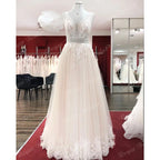 Lakshmigown Boho Champagne Lace V Neck Sleeveless Custom Train Bridal Gown