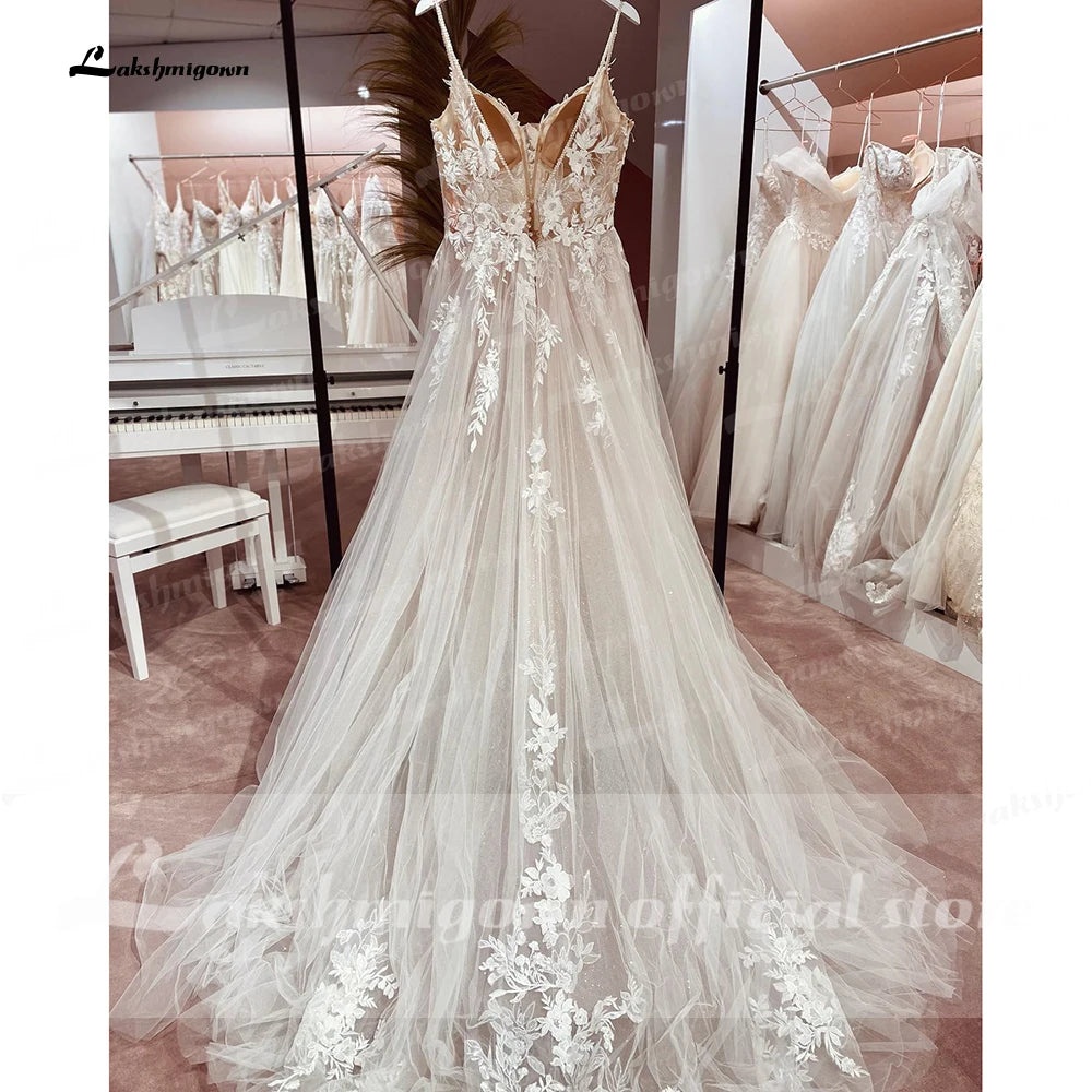 Custom Made Spaghetti Strap Lace Wedding Dress Bohemian Open Back Bridal Gown