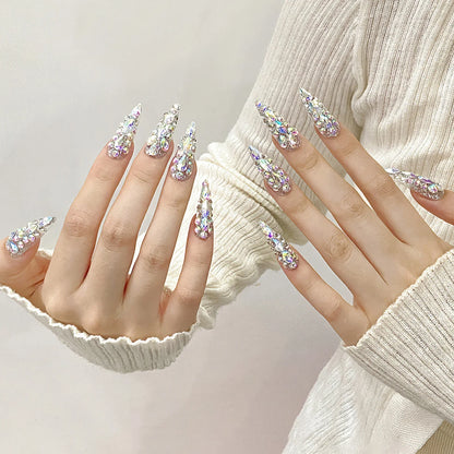 10 uñas postizas hechas a mano con diamantes brillantes, ligeras, de lujo, largas y puntiagudas, cobertura completa, uñas postizas Y2k, regalos de Año Nuevo. 