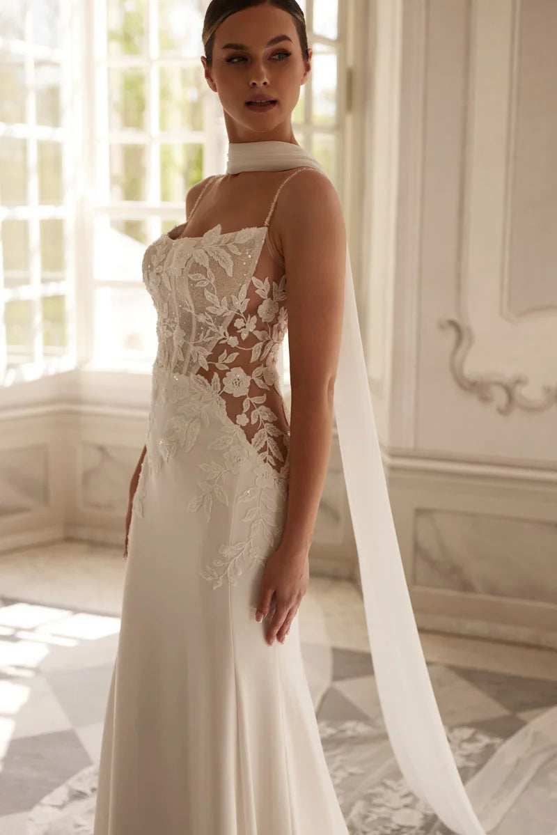 Custom Mermaid Wedding Gown Lace Applique Ruched Spaghetti Strap Bridal Dress