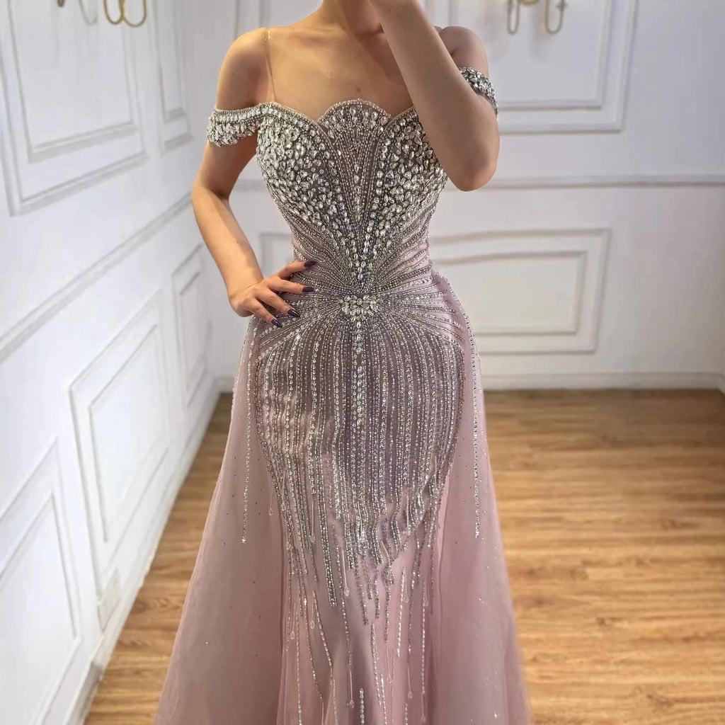Elegant Green Mermaid Beaded Evening Gown Off Shoulder Party Dress