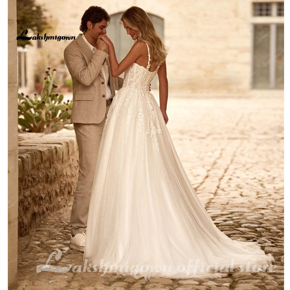 Custom Sequined Tulle Wedding Dress Spaghetti Straps V Neck Gown