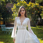 Custom V Neck Lace Wedding Dress Boho Beach Bridal Gown With Puff Sleeves