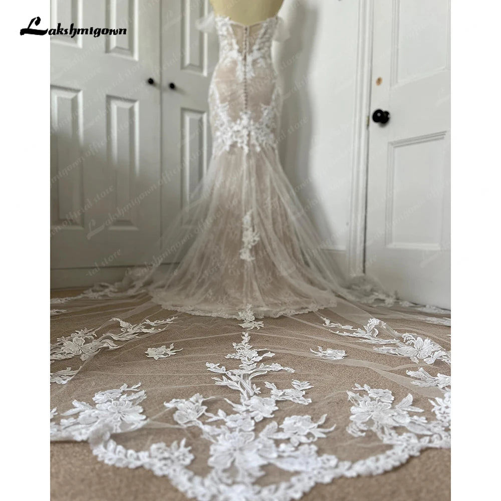 Lakshmigown Off Shoulder Lace Appliques Bride Champagne Custom Wedding Gown