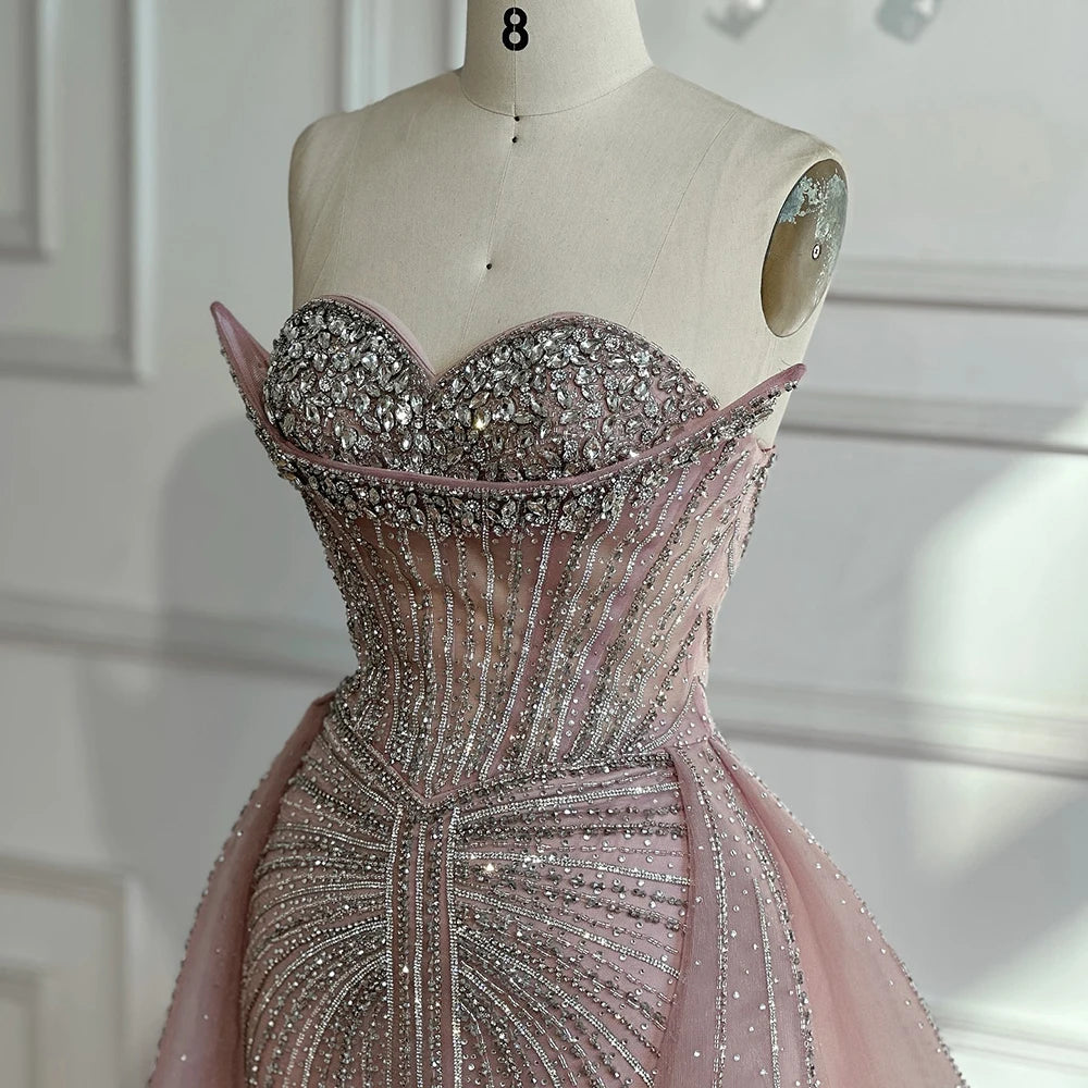 Serene Hill 2025 Pink Crystal Beaded Saudi Mermaid Evening Gown With Overskirt