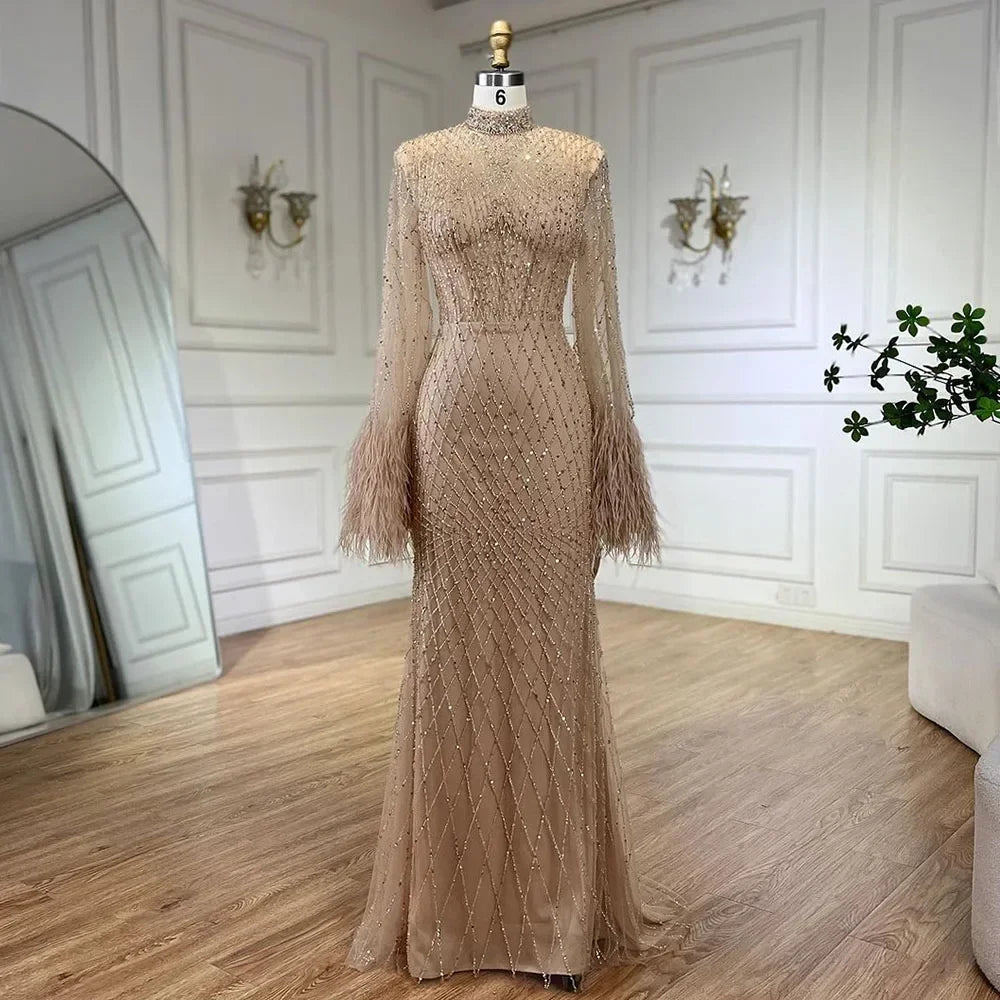 Nude High Neck Long Sleeves Feathers Mermaid Beaded Customized Evening Dress
