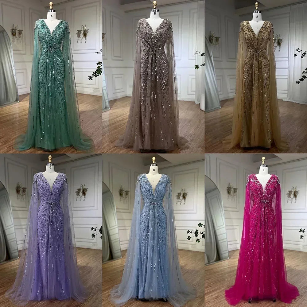 Custom Turquoise Beaded Mermaid Evening Dress With Cape Plus Size Women