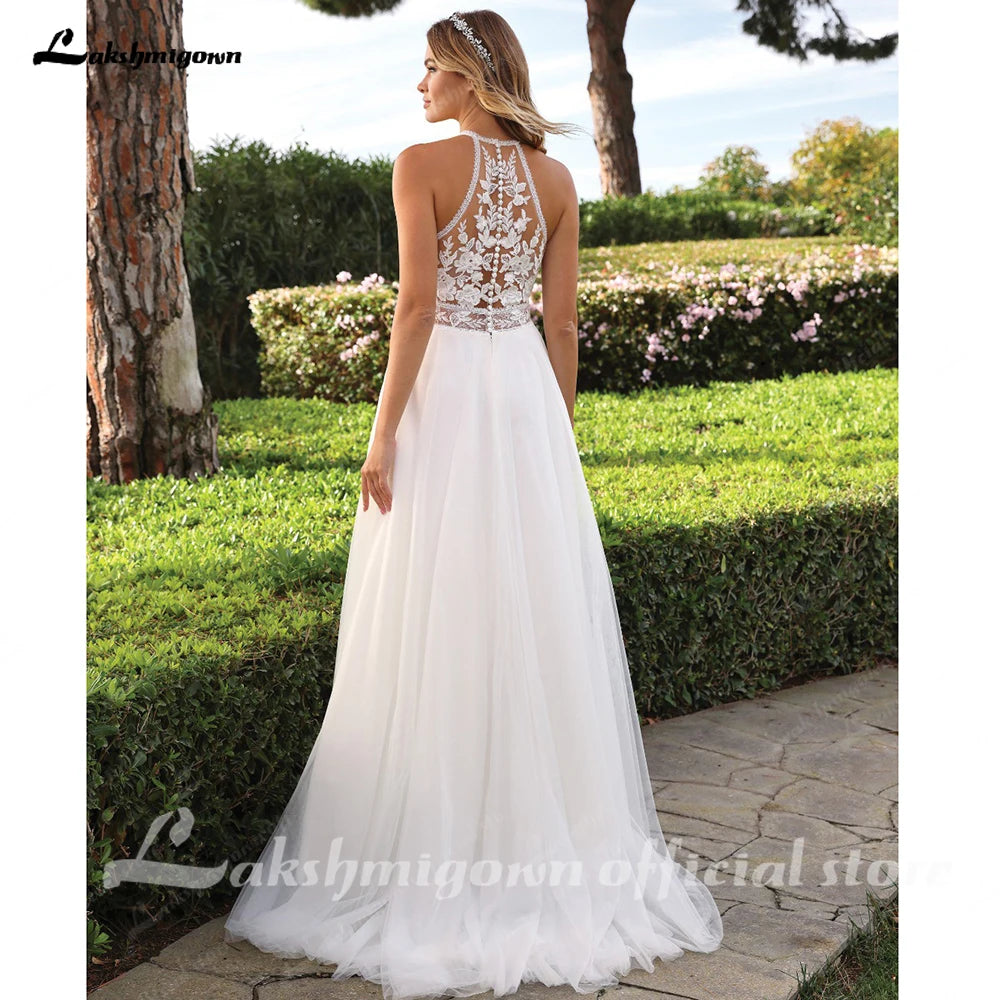 Lakshmigown Halter Neck Tulle Wedding Dress With Sweep Train And Button Back