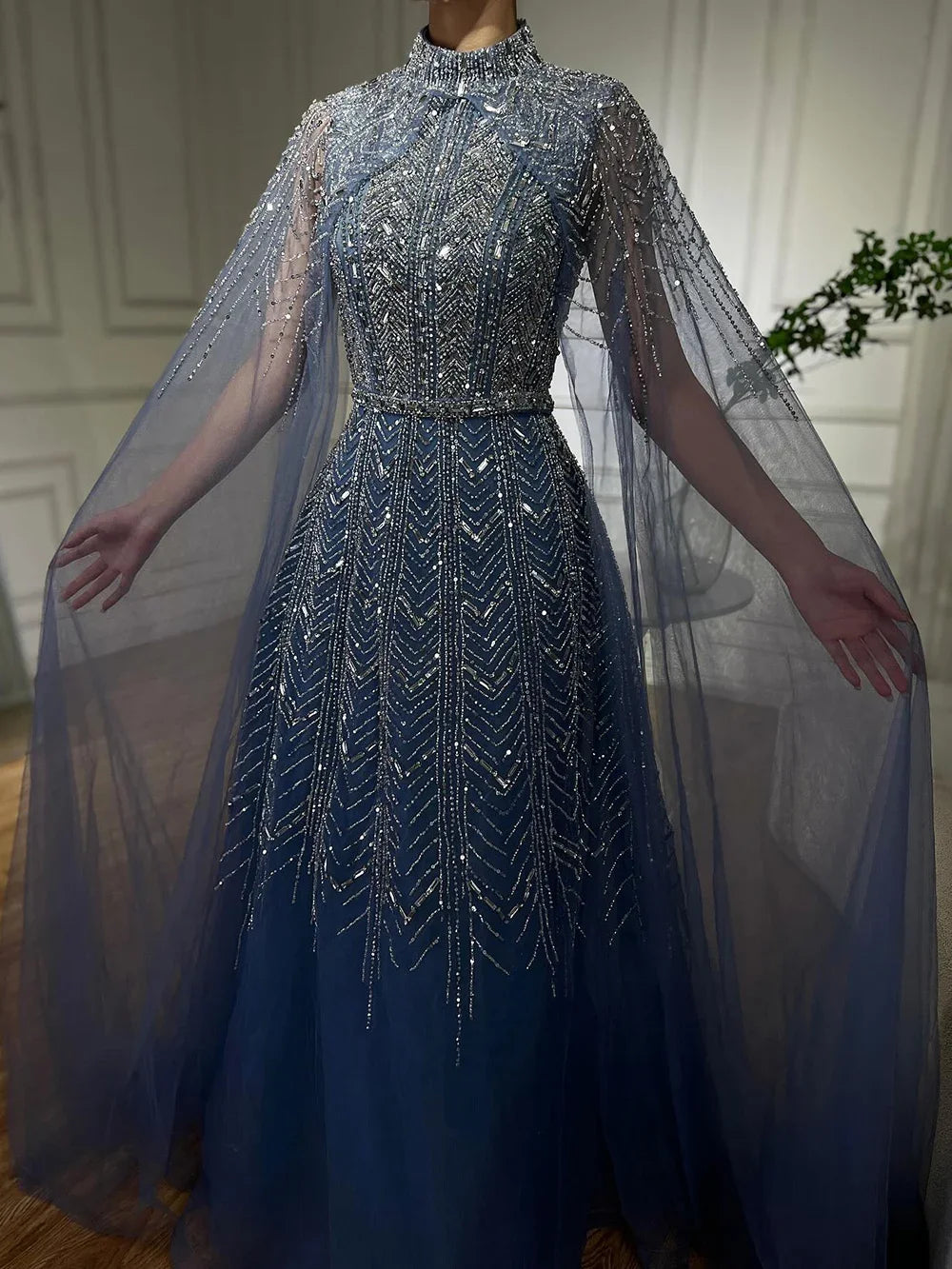Customized Blue Beaded A Line Cape Sleeve Formal Evening Dress For Women