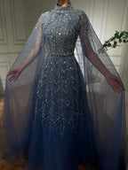 Customized Blue Beaded A Line Cape Sleeve Formal Evening Dress For Women