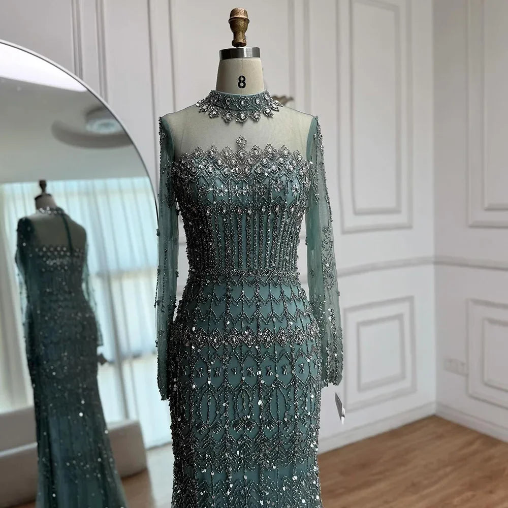Serene Hill High Neck Beaded Mermaid Evening Dress For Muslim Wedding Gown