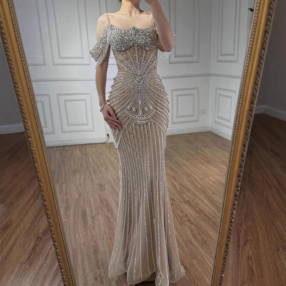 Customized Pink Beaded Off Shoulder Mermaid Evening Dress For Women