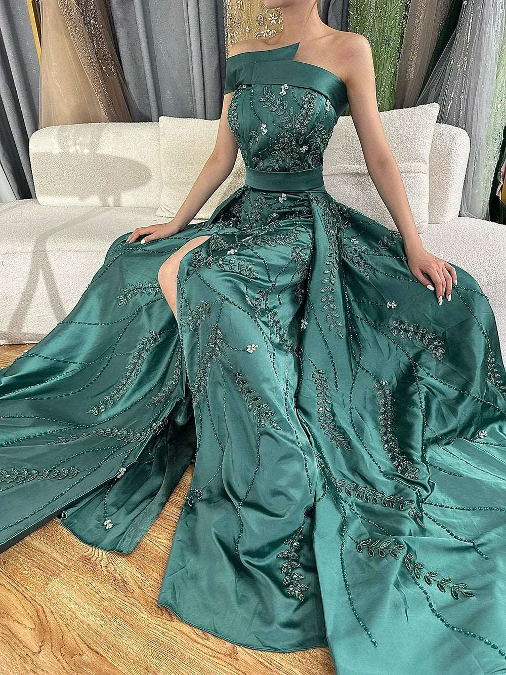 Serene Hill Custom Green One Shoulder Satin Evening Gown Overskirt Split Dress