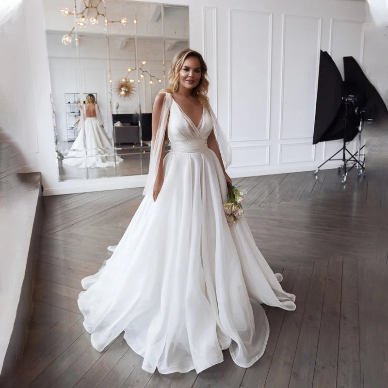 Custom Plus Size Organza Tulle Wedding Dress V Neck Backless Bridal Gown