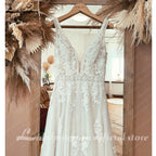 Boho Lace Applique Wedding Dress With Plunging V Neck For Beach Brides