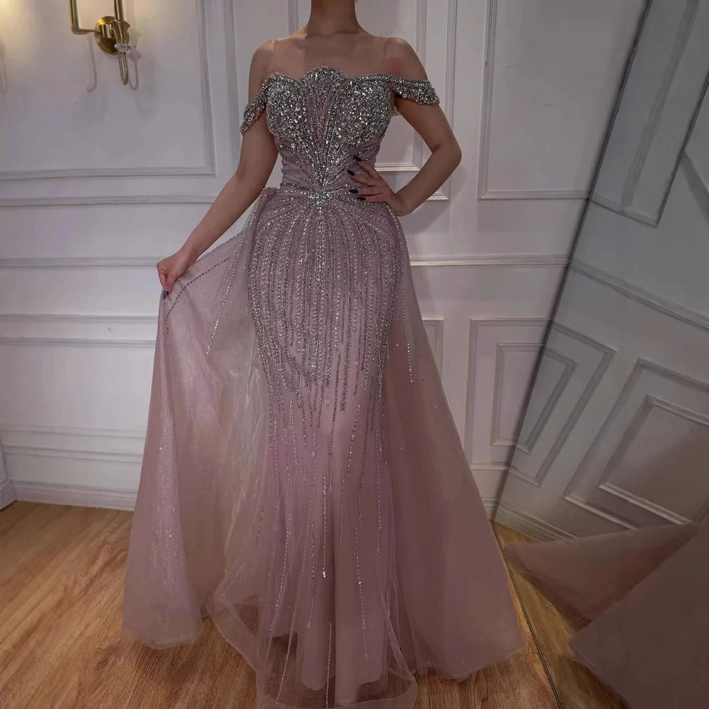 Elegant Green Mermaid Beaded Evening Gown Off Shoulder Party Dress