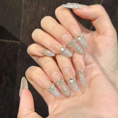 10 uñas postizas francesas con lentejuelas brillantes, punta a presión, rubor, almendra larga, brillo, decoración de diamantes, hechas a mano, de lujo. 